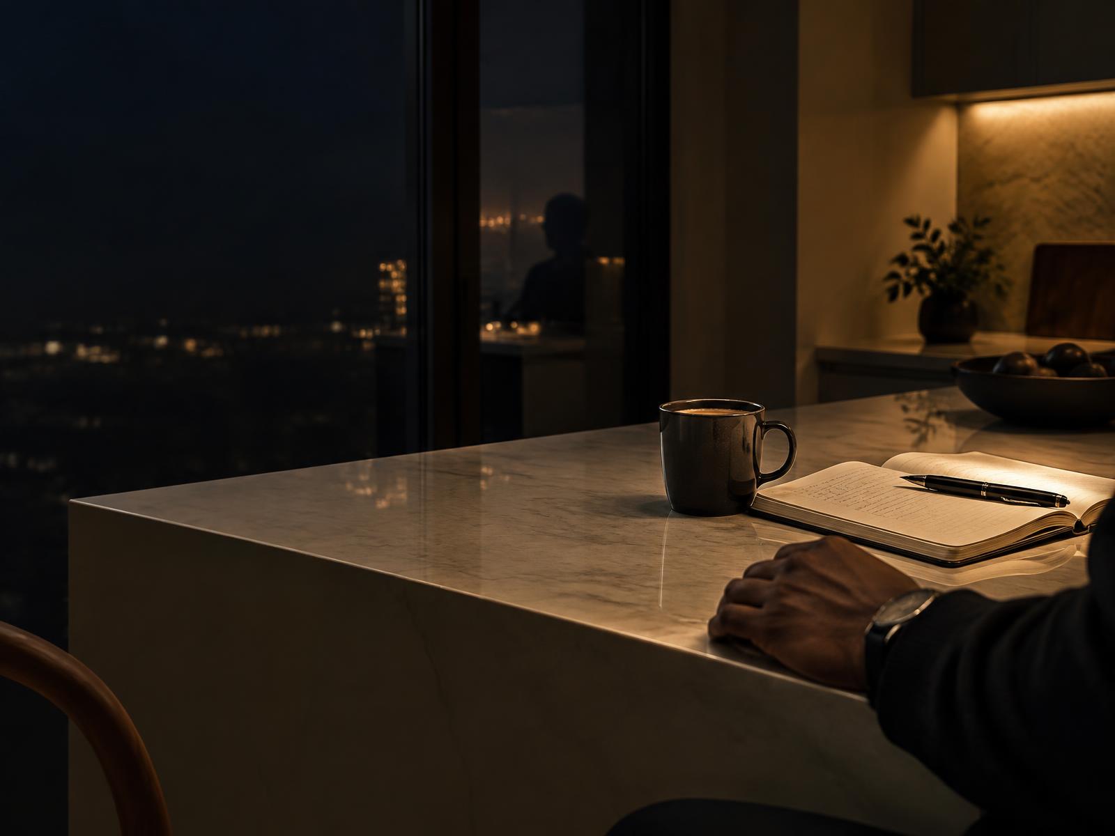 A notebook and coffee on a quiet kitchen counter at night